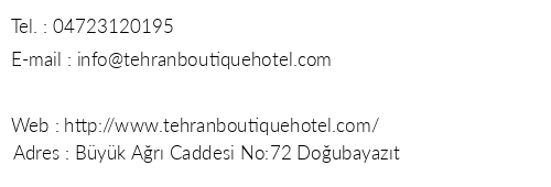 Tehran Boutique Hotel telefon numaralar, faks, e-mail, posta adresi ve iletiim bilgileri